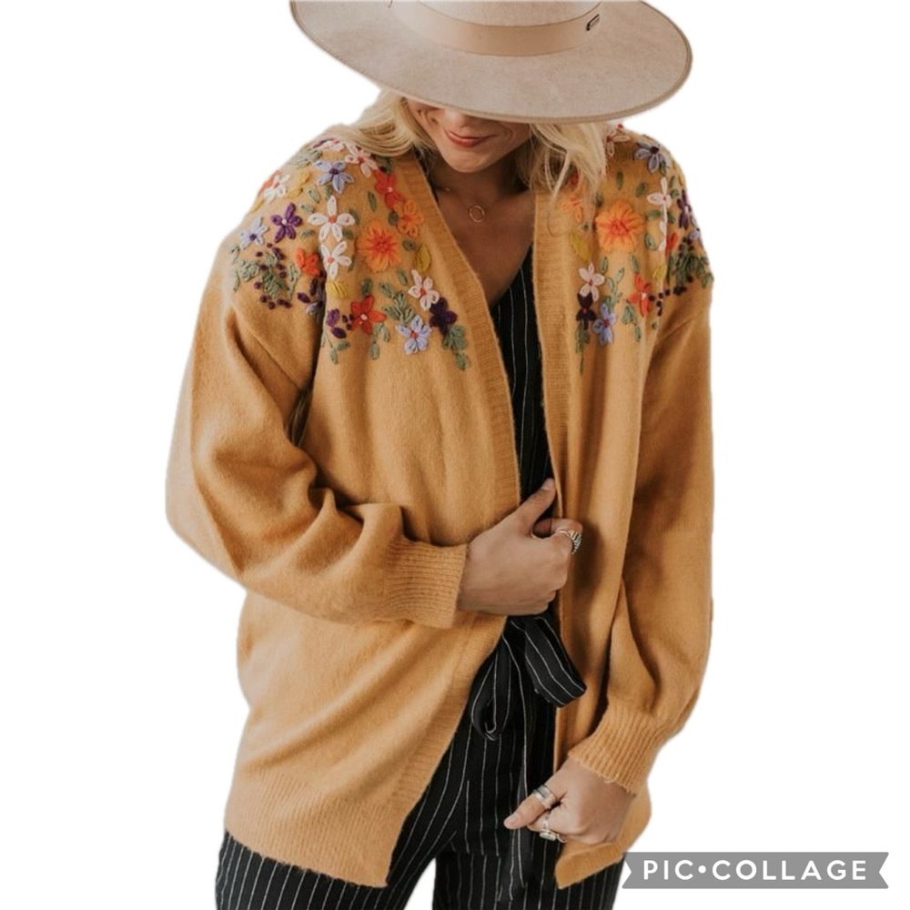 Orange Creek Los Angeles Mustard Embroidered Floral Open Front Cardigan Sweater